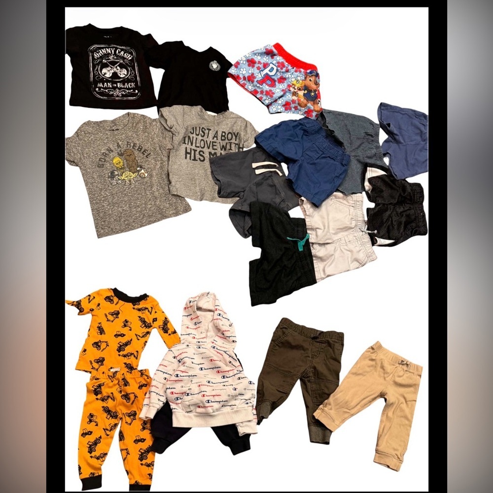 19pc bundle lot 12m 5shirt 1pj set 1hoodie 2pants 1swimsuit 7shorts no stains